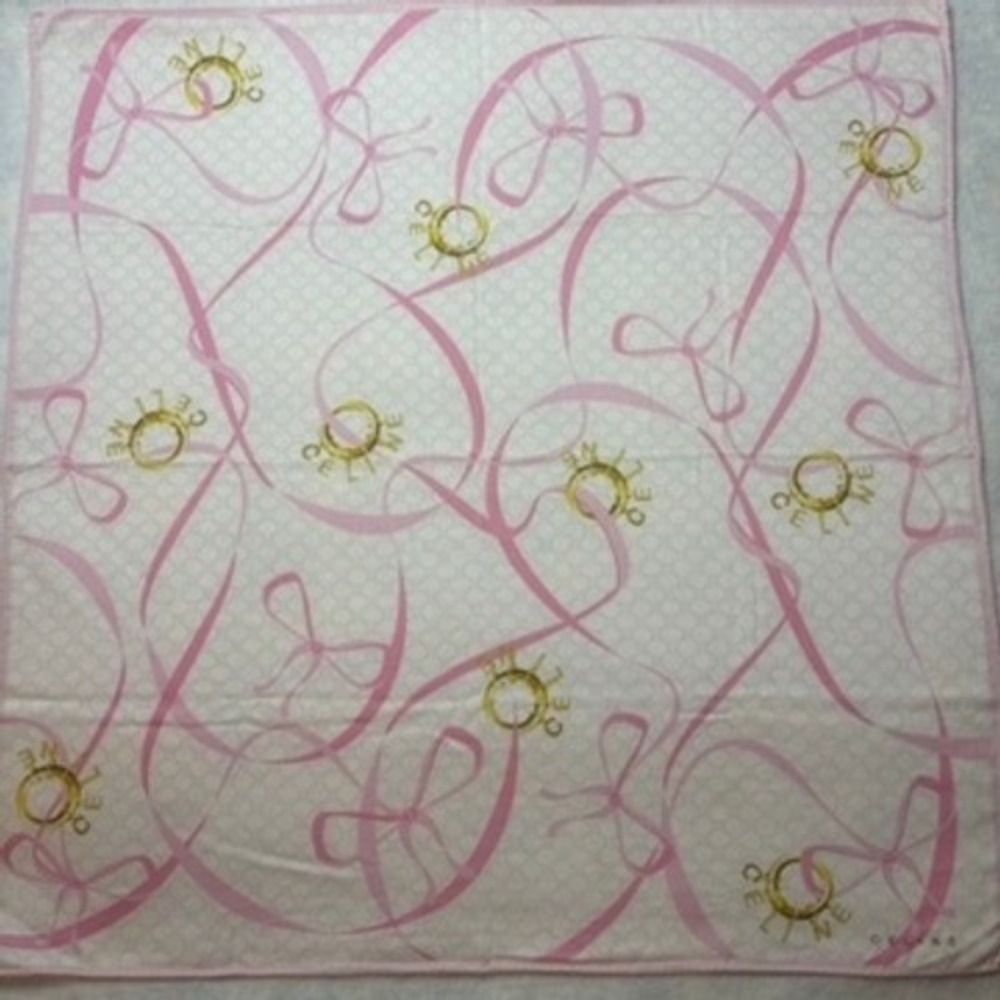 Vtg CELINE Scarf Handkerchief Ribbon Bow Cotton Pink White 19.5in